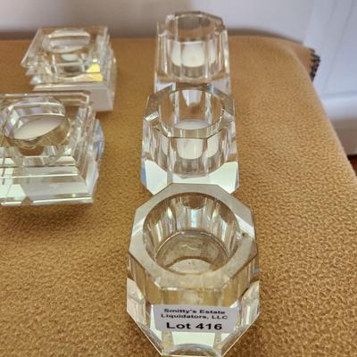 5 Oleg Cassini Crystal 2 Square Pillar &3  8 sided Candle Holders Signed Vintage