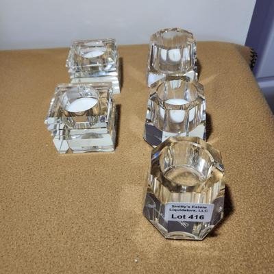 5 Oleg Cassini Crystal 2 Square Pillar &3  8 sided Candle Holders Signed Vintage
