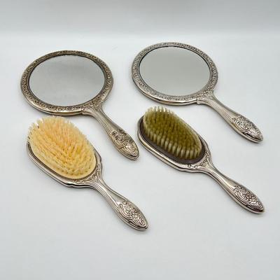 Two (2) Sets of Silver Plated Vanity Brushes & Mirrors