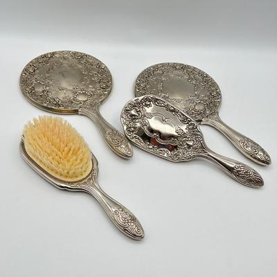 Two (2) Sets of Silver Plated Vanity Brushes & Mirrors