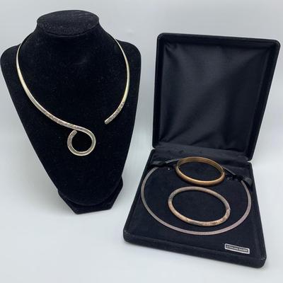 SARDA Stamped 925 Collar Necklace with Two Chains, Clamp Bangle, and Matching Necklace and Bangle Set (B3-KW)
