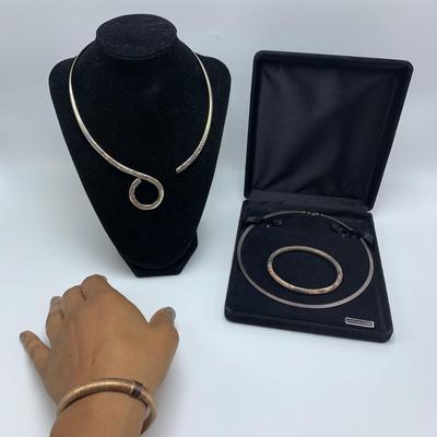 SARDA Stamped 925 Collar Necklace with Two Chains, Clamp Bangle, and Matching Necklace and Bangle Set (B3-KW)