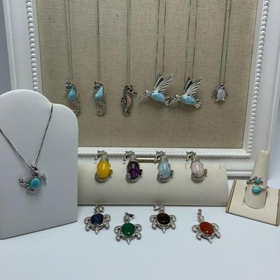 Stamped Sterling and Gemstone Seahorse, Hummingbird, and Penguin Necklaces with Selection of Gemstone Animal Pendants (B3-KW)