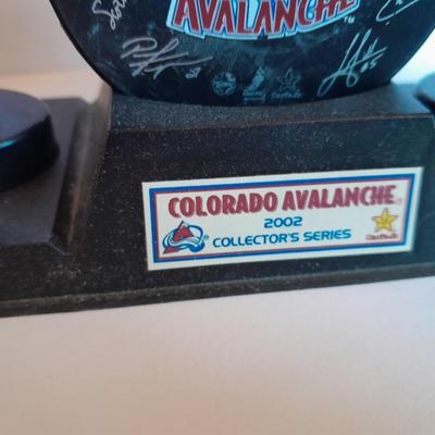 Colorado Avalanche 2002 Collector's series Bobble heads and Signed Hockey puck with stand GO AV'S!
