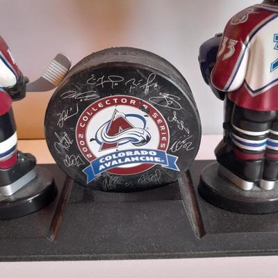 Colorado Avalanche 2002 Collector's series Bobble heads and Signed Hockey puck with stand GO AV'S!