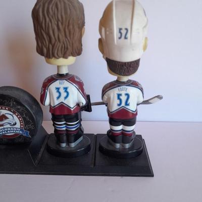 Colorado Avalanche 2002 Collector's series Bobble heads and Signed Hockey puck with stand GO AV'S!