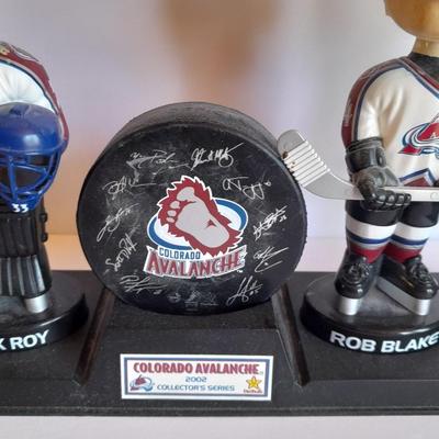 Colorado Avalanche 2002 Collector's series Bobble heads and Signed Hockey puck with stand GO AV'S!