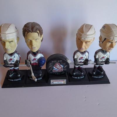 Colorado Avalanche 2002 Collector's series Bobble heads and Signed Hockey puck with stand GO AV'S!
