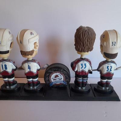 Colorado Avalanche 2002 Collector's series Bobble heads and Signed Hockey puck with stand GO AV'S!