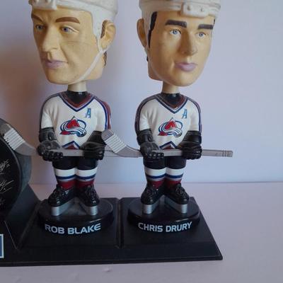 Colorado Avalanche 2002 Collector's series Bobble heads and Signed Hockey puck with stand GO AV'S!