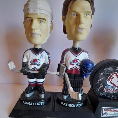 Colorado Avalanche 2002 Collector's series Bobble heads and Signed Hockey puck with stand GO AV'S!