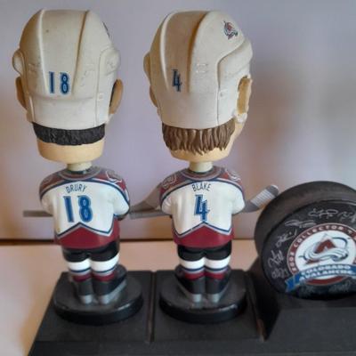 Colorado Avalanche 2002 Collector's series Bobble heads and Signed Hockey puck with stand GO AV'S!