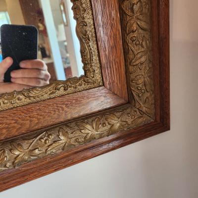 Vintage Ornate Solid Oak Wood Framed Mirror 24x27