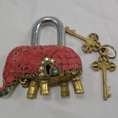 Brass Mosaic Elephant Lock with Keys, INDIA