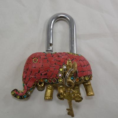 Brass Mosaic Elephant Lock with Keys, INDIA