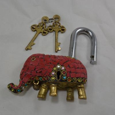 Brass Mosaic Elephant Lock with Keys, INDIA