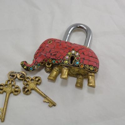 Brass Mosaic Elephant Lock with Keys, INDIA