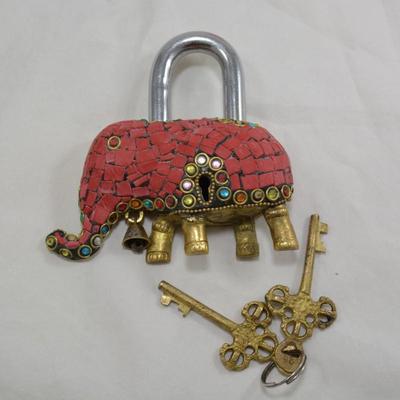 Brass Mosaic Elephant Lock with Keys, INDIA