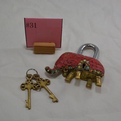 Brass Mosaic Elephant Lock with Keys, INDIA