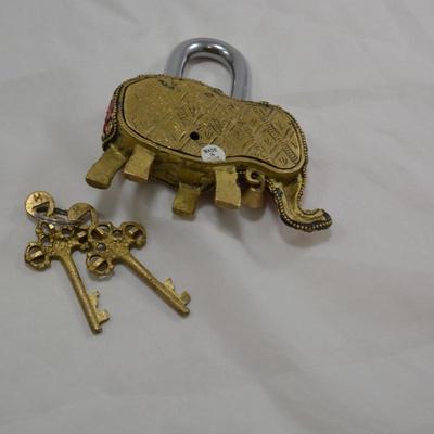 Brass Mosaic Elephant Lock with Keys, INDIA