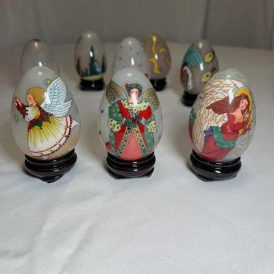 Collection of Signed Glass Angel Decorated Eggs W/Stands (DR-RG)