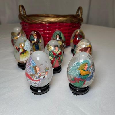 Collection of Signed Glass Angel Decorated Eggs W/Stands (DR-RG)