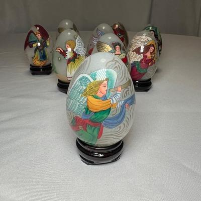 Collection of Signed Glass Angel Decorated Eggs W/Stands (DR-RG)