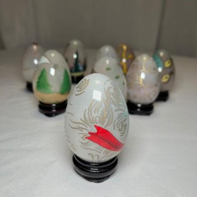 Collection of Signed Glass Angel Decorated Eggs W/Stands (DR-RG)