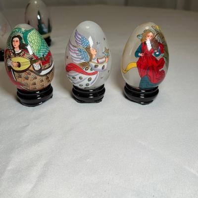 Collection of Signed Glass Angel Decorated Eggs W/Stands (DR-RG)