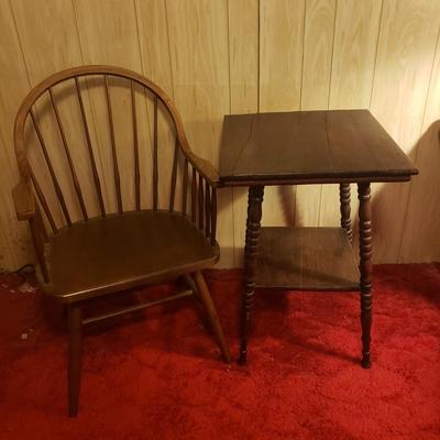 Antique English Walnut Table and Bow Back Windsor Chair (M-KD)