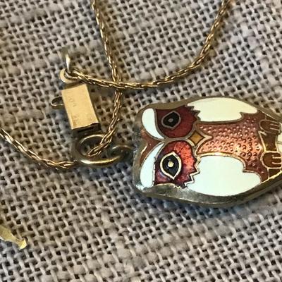 14 kt Gold OverlayVintage Butterfly  Owl Floral Cloisonne Pendant Necklace Gold Overlay Chain Jewelry