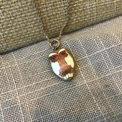 14 kt Gold OverlayVintage Butterfly  Owl Floral Cloisonne Pendant Necklace Gold Overlay Chain Jewelry