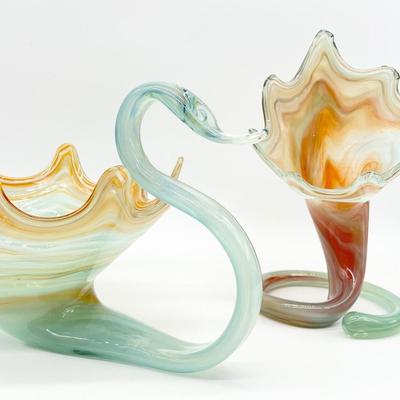 MURANO ~ Pair (2) Hand Blown Swan & Vase Glass Art