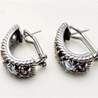 Lot #5  Sterling Silver Pierced Earrings with Topaz, Peridot, Citrine, Amethyst & Garnet