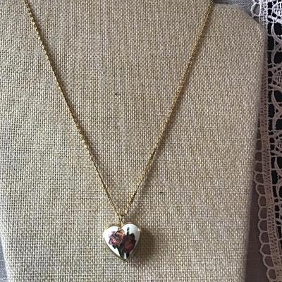 Vintage Cloisonne Heart locket  floral Pendant Necklace