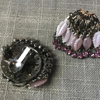 Vintage Pastel Pink Rhinestone and Lucite Type Feathers Clip On Earrings,  60s