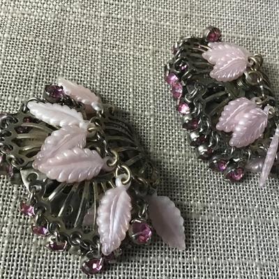 Vintage Pastel Pink Rhinestone and Lucite Type Feathers Clip On Earrings,  60s