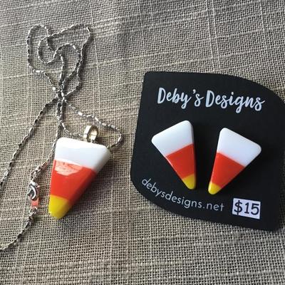 Glass Candy Corn Fall Earrings and Necklace. New