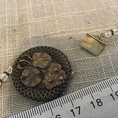 Vintage Necklace Art Deco Filigree BrassLeaf Clasp  Pendant Crystal