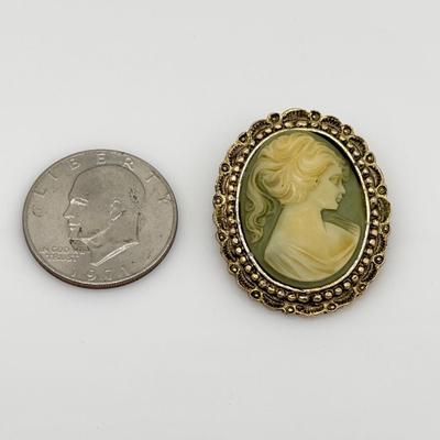 Pair (2) ~ Green & Ivory Cameo Brooches