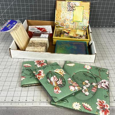 Tray of Desk Stuff: Notebook, Frames, Pencils, Stationary 