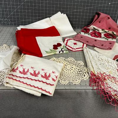 RED Pile of Vintage Linens