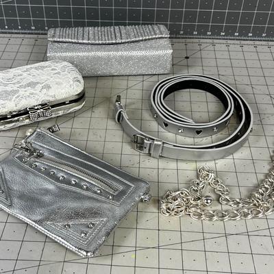 3 NEW Belts and Evening Purses SILVER Tones