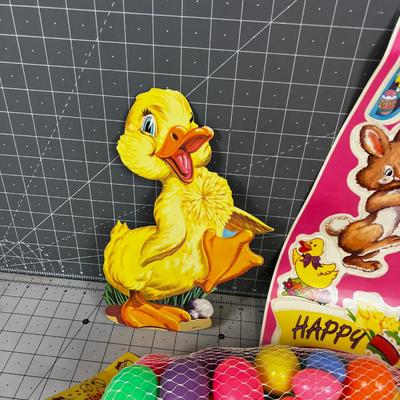 Vintage Easter Lot of DÃ©cor': Eggs, Cut outs, Window and Table Cloth