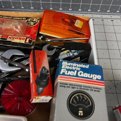 Tray of Automotive: Lights, Gauges, Spark Plugs, Fuses, Tools