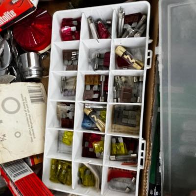 Tray of Automotive: Lights, Gauges, Spark Plugs, Fuses, Tools