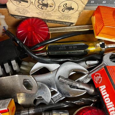 Tray of Automotive: Lights, Gauges, Spark Plugs, Fuses, Tools