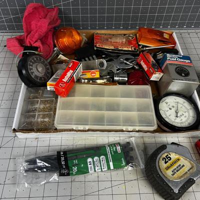 Tray of Automotive: Lights, Gauges, Spark Plugs, Fuses, Tools