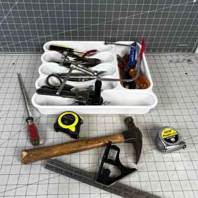 Tray of Tools: Socket Wrench, Saw, Hammer, Screw Driver