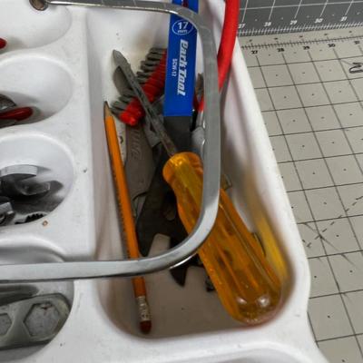 Tray of Tools: Socket Wrench, Saw, Hammer, Screw Driver